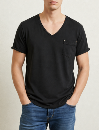 Beziers Deep V-Neck Pocket Tee in Black