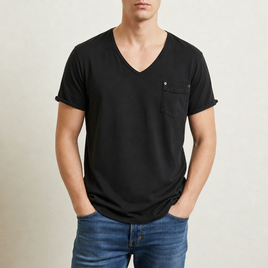 Beziers Deep V-Neck Pocket Tee in Black