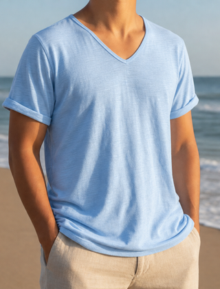 Grasse V-Neck Cotton Tee in Light Blue