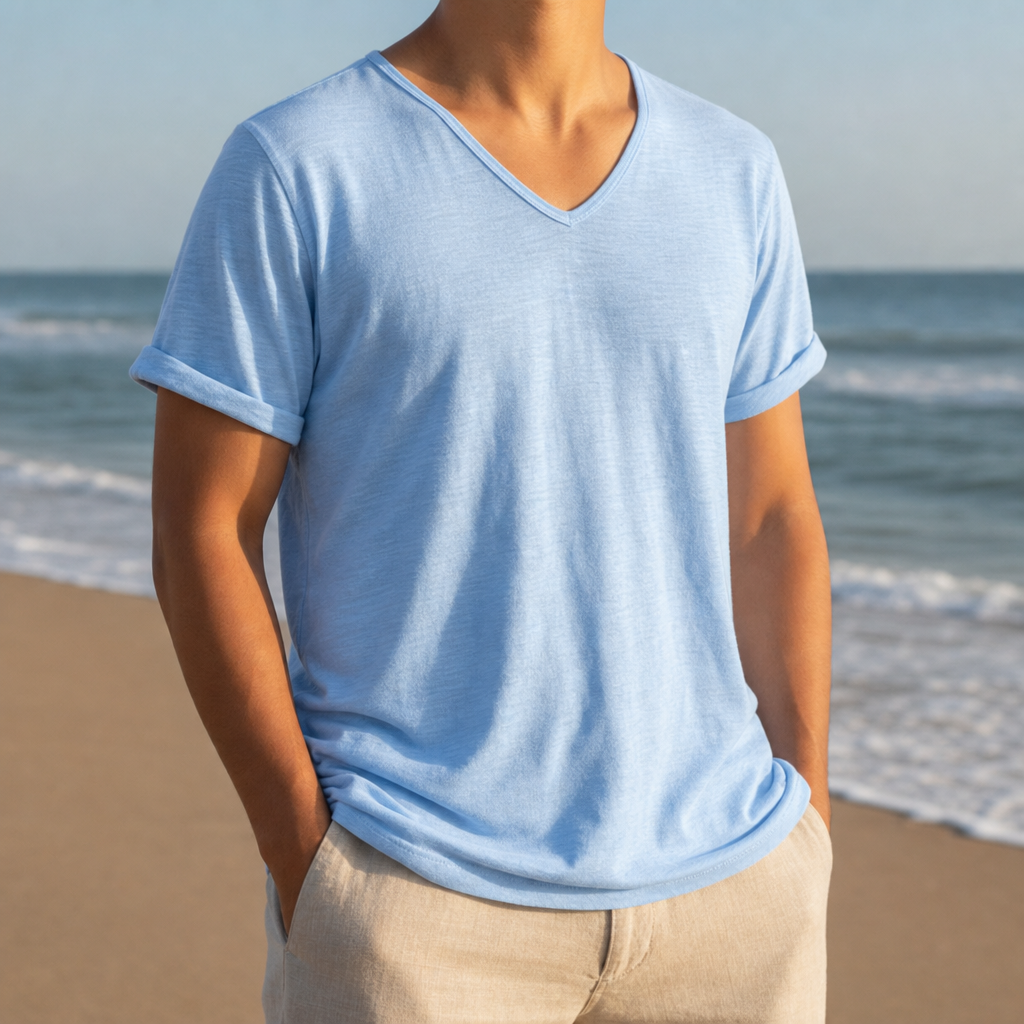 Grasse V-Neck Cotton Tee in Light Blue