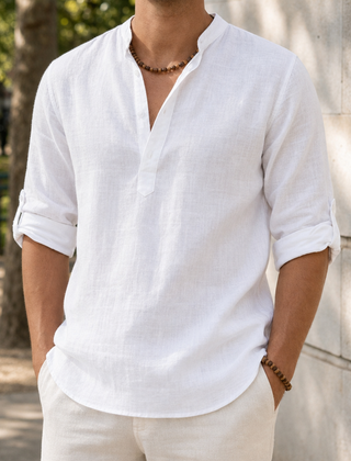 Begur Linen Henley Shirt in White