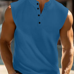 Men's No Sleeve Shirt | Stand Collar Button Front Knit