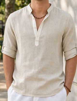 Begur Linen Henley Shirt in Beige