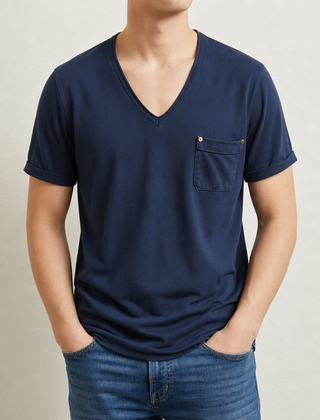 Beziers Deep V-Neck Pocket Tee in Navy Blue
