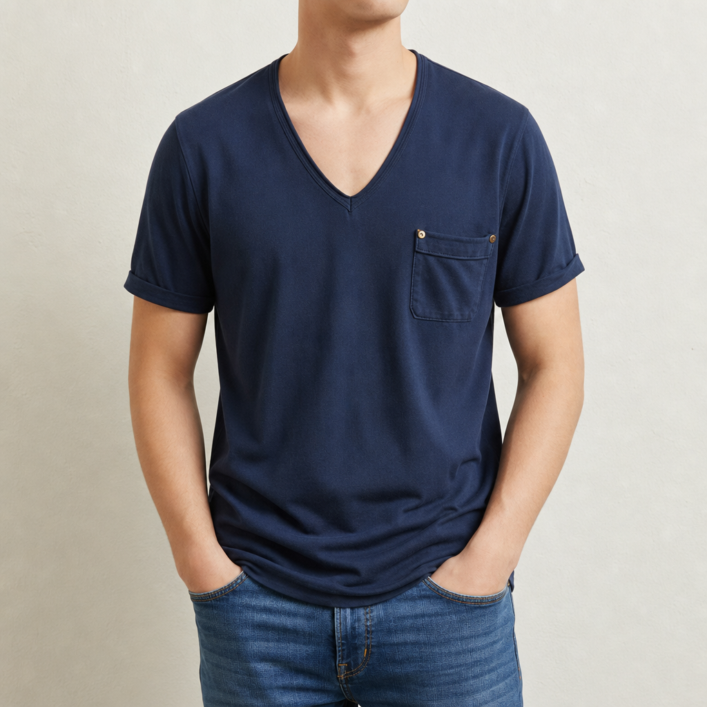 Beziers Deep V-Neck Pocket Tee in Navy Blue