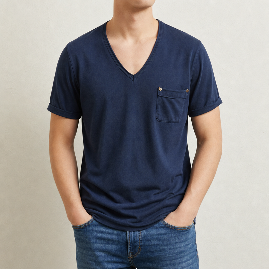 Beziers Deep V-Neck Pocket Tee in Navy Blue