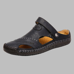 Men's Leather Sandals | Slip-On Flat Sole Stitched Detail