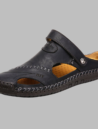 Men's Leather Sandals | Slip-On Flat Sole Stitched Detail
