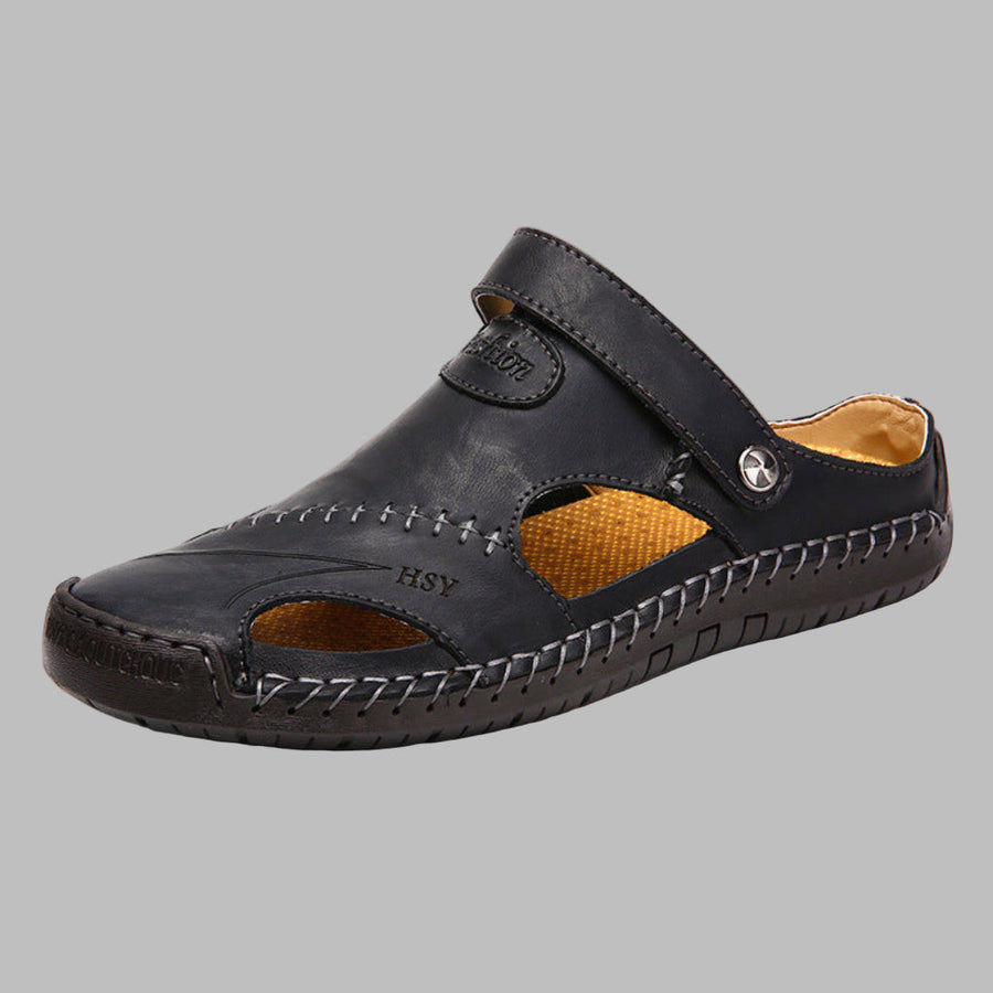 Men's Leather Sandals | Slip-On Flat Sole Stitched Detail