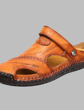 Men's Leather Sandals | Slip-On Flat Sole Stitched Detail