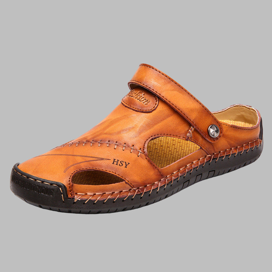Men's Leather Sandals | Slip-On Flat Sole Stitched Detail
