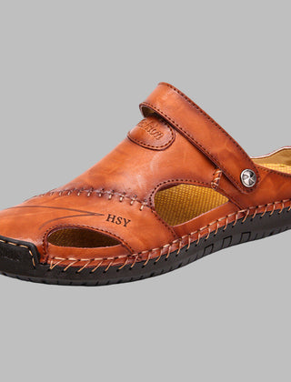 Men's Leather Sandals | Slip-On Flat Sole Stitched Detail