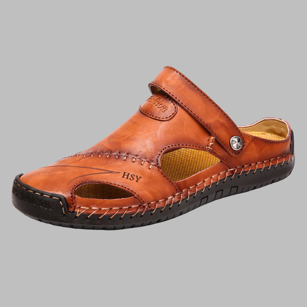 Men's Leather Sandals | Slip-On Flat Sole Stitched Detail