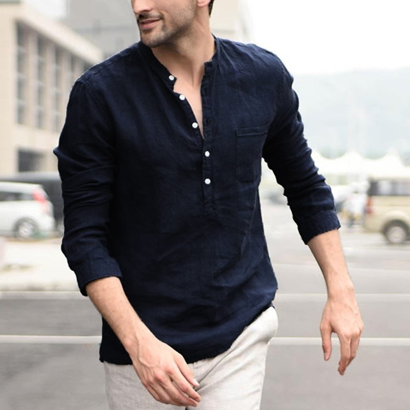 Men's Linen Shirt | Band Collar Long Sleeve