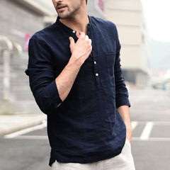 Men's Linen Shirt | Band Collar Long Sleeve