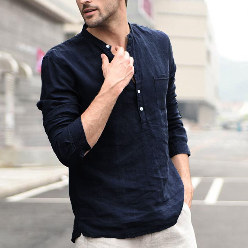 Men's Linen Shirt | Band Collar Long Sleeve