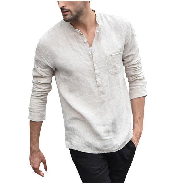 Men's Linen Shirt | Band Collar Long Sleeve