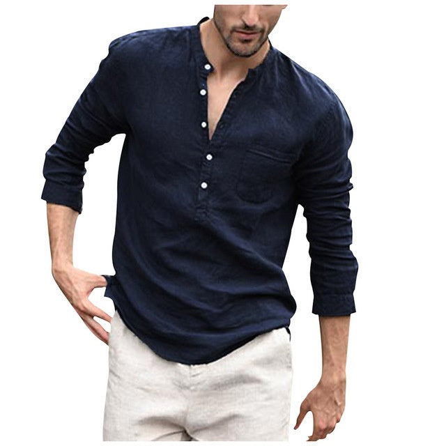 Men's Linen Shirt | Band Collar Long Sleeve