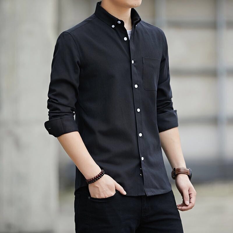 Men's Black Shirt | Slim Fit Button Collar Long Sleeve