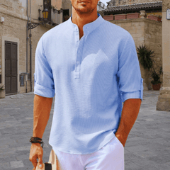 Men's White Shirt | Henley Collar Textured Knit Three Quarter Sleeve