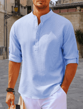 Men's White Shirt | Henley Collar Textured Knit Three Quarter Sleeve
