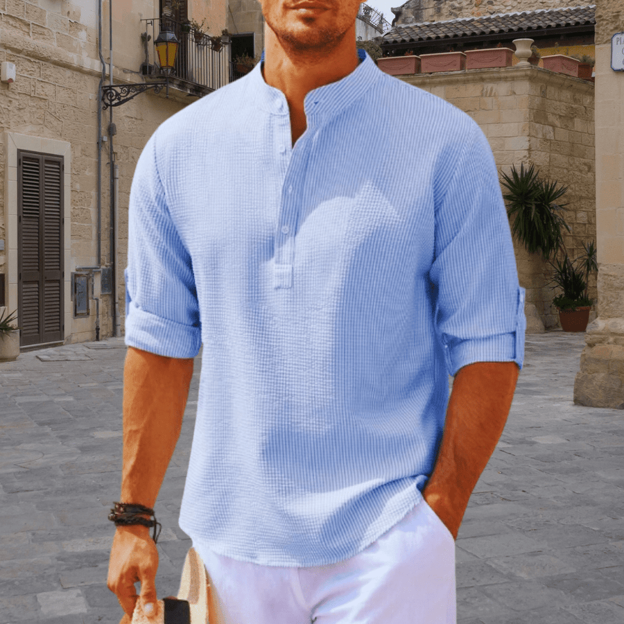 Men's White Shirt | Henley Collar Textured Knit Three Quarter Sleeve