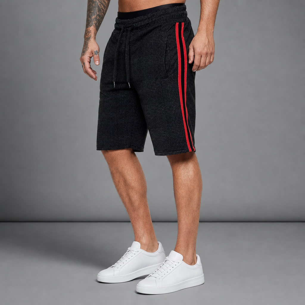 Paros Plaid Side Stripe Shorts in Black