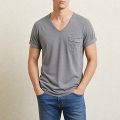 Beziers Deep V-Neck Pocket Tee in Gray