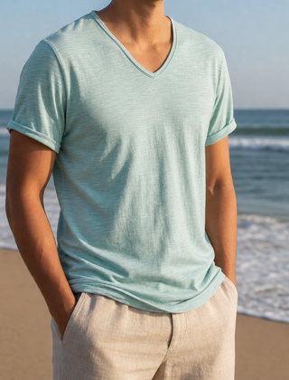 Grasse V-Neck Cotton Tee in Turquoise Blue
