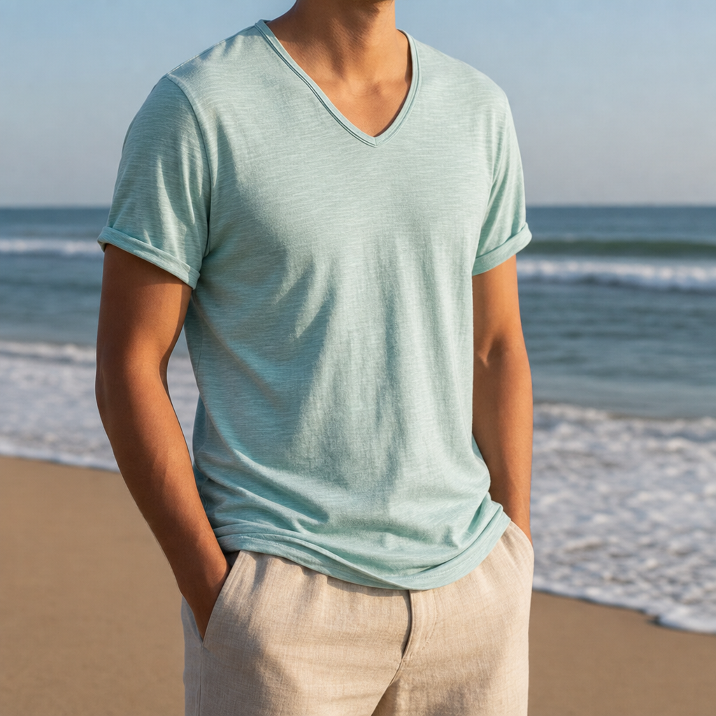Grasse V-Neck Cotton Tee in Turquoise Blue