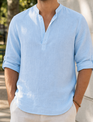 Begur Linen Henley Shirt in Light Blue