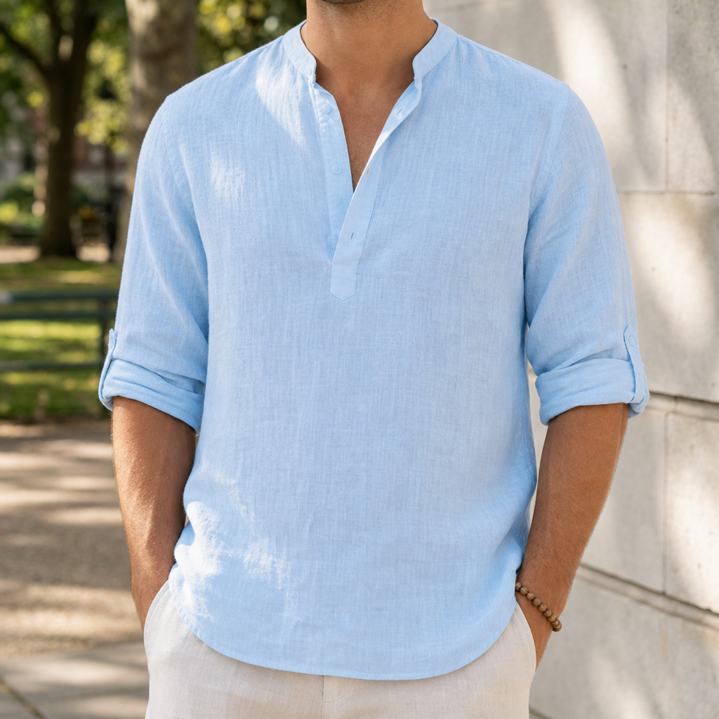 Begur Linen Henley Shirt in Light Blue