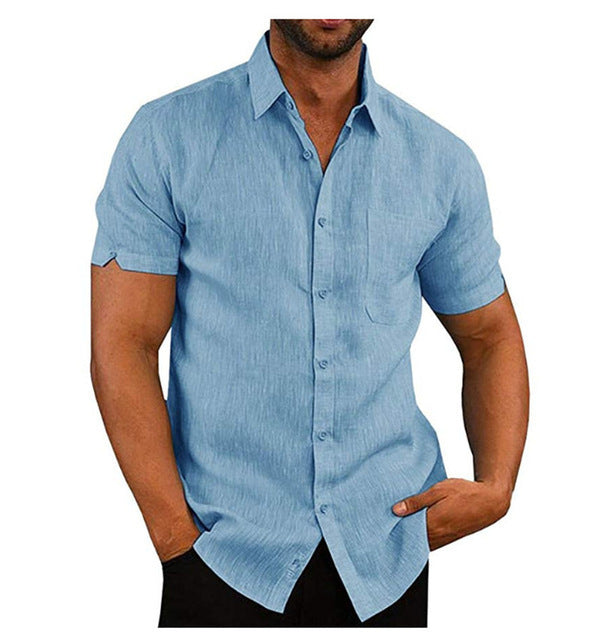 Men's Linen Shirt | Short Sleeve Collar Button Closure