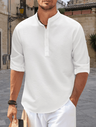 Men's White Shirt | Henley Collar Textured Knit Three Quarter Sleeve