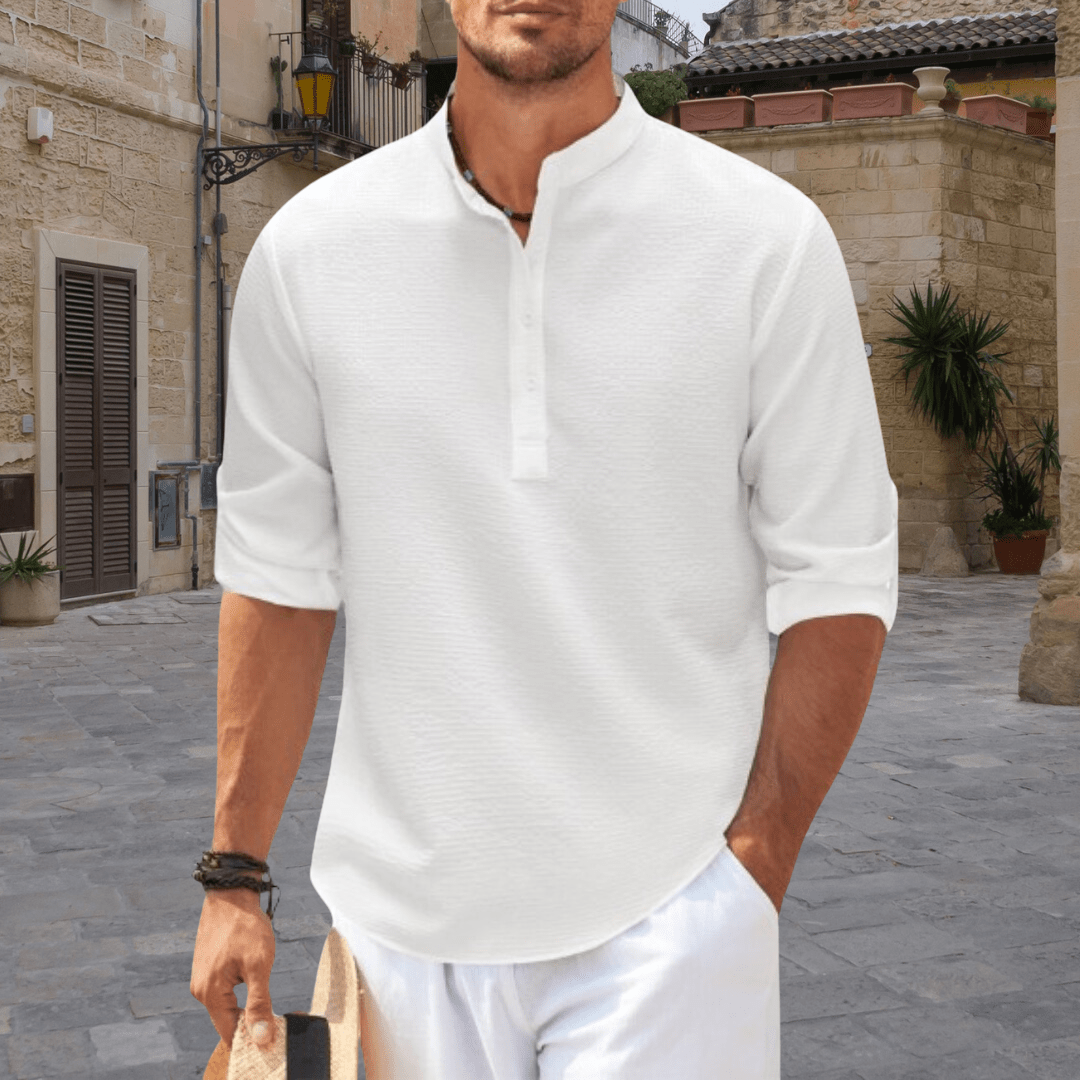 Men's White Shirt | Henley Collar Textured Knit Three Quarter Sleeve