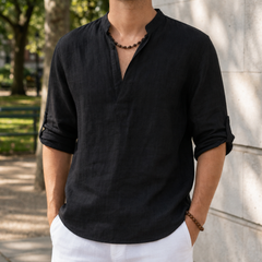 Begur Linen Henley Shirt in Black