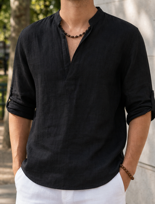 Begur Linen Henley Shirt in Black