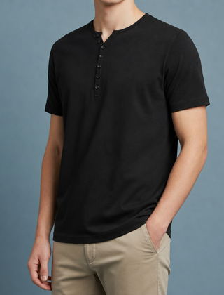 Samos Henley Short Sleeve Shirt in Black