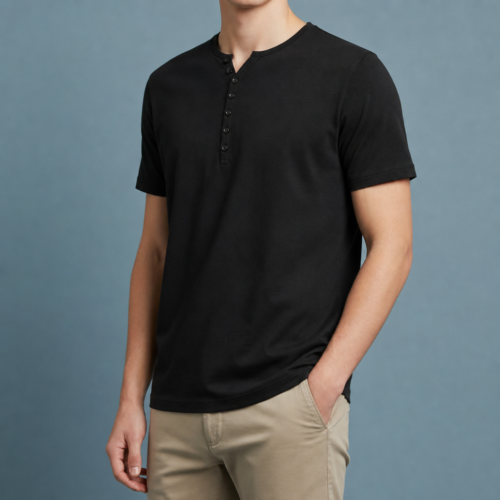 Samos Henley Short Sleeve Shirt in Black