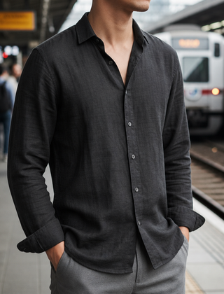 Tossa Linen Button-Up Shirt in Black