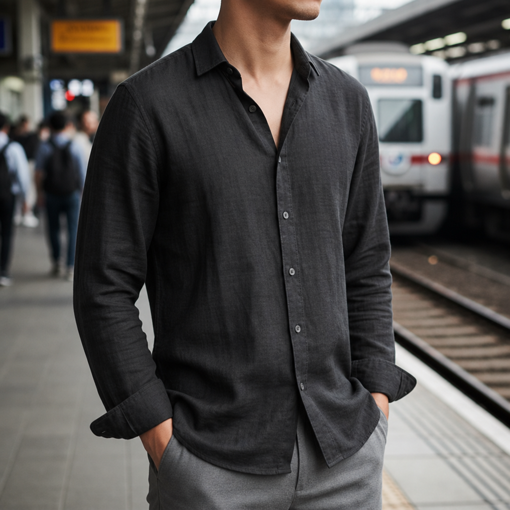 Tossa Linen Button-Up Shirt in Black