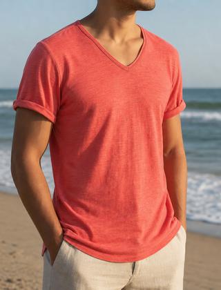 Grasse V-Neck Cotton Tee in Coral Red