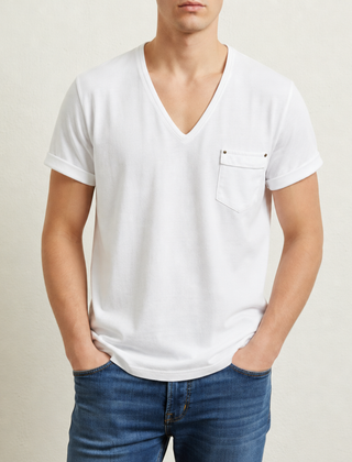 Beziers Deep V-Neck Pocket Tee in White
