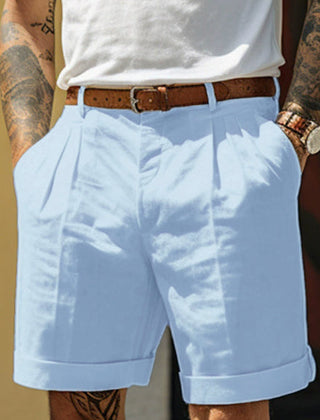 Men's Work Shorts | Pleated Front Rolled Hem Linen Blend