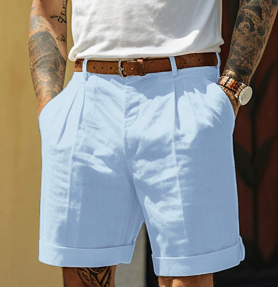 Men's Work Shorts | Pleated Front Rolled Hem Linen Blend