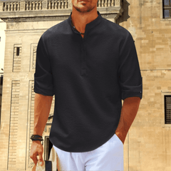Men's White Shirt | Henley Collar Textured Knit Three Quarter Sleeve