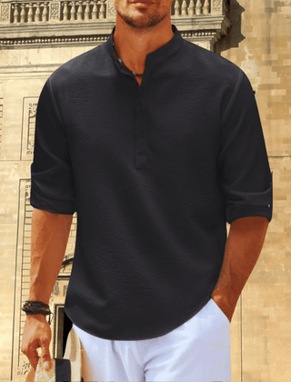 Men's White Shirt | Henley Collar Textured Knit Three Quarter Sleeve