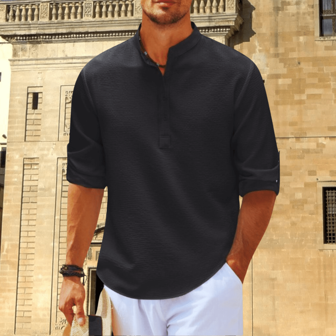Men's White Shirt | Henley Collar Textured Knit Three Quarter Sleeve