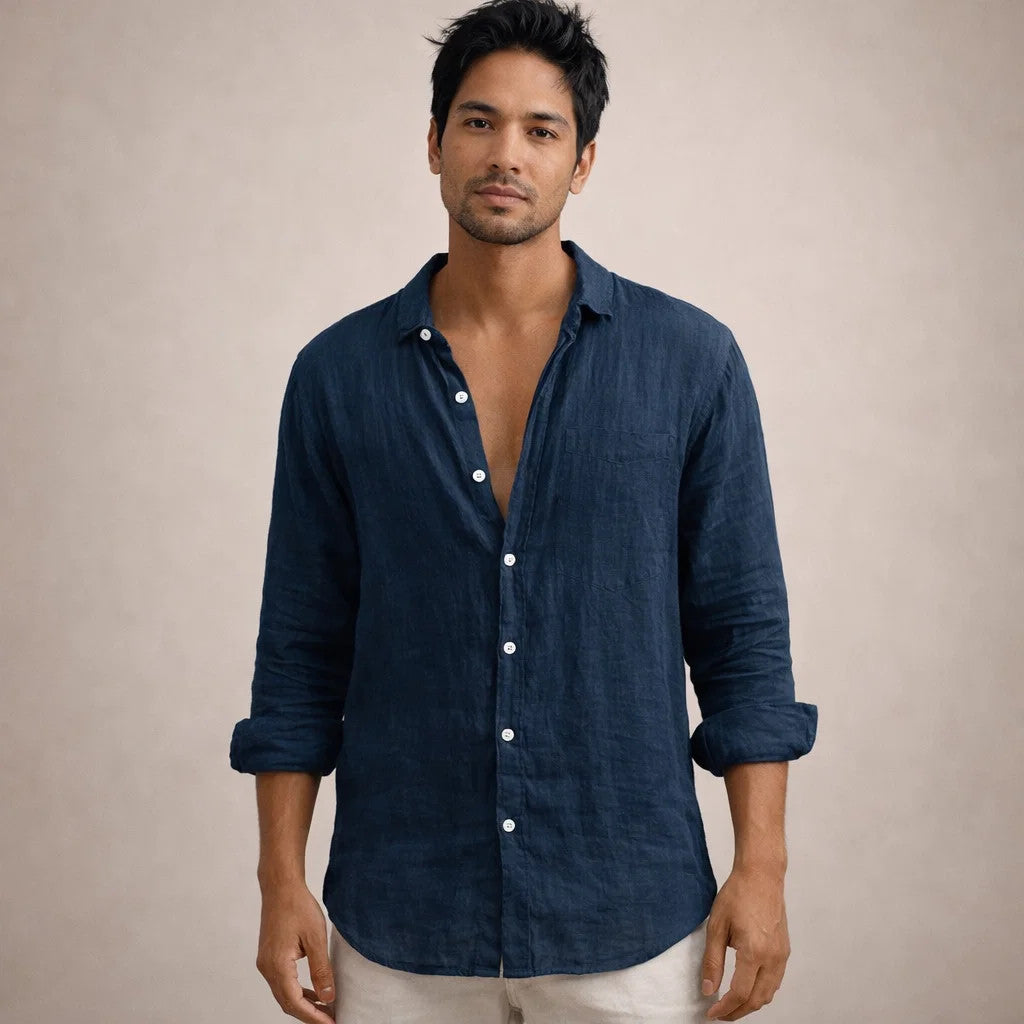 Men's Linen Shirt | Long Sleeves Button Front Relaxed Fit
