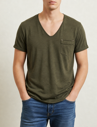 Beziers Deep V-Neck Pocket Tee in Olive Green